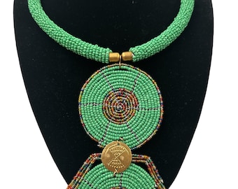 Authentic African Green Beaded Disc Pendant Necklace