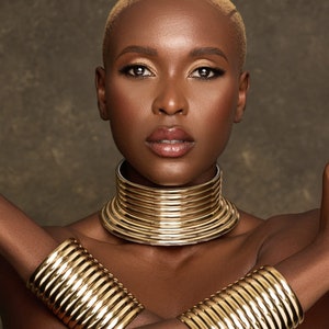 Ndebele Collar Choker Necklace and Two Cuffs Set Gold