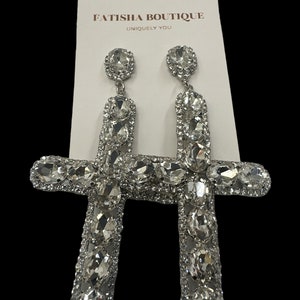 Gorgeous Rhinestone Diamante Cross Design Statement Earrings Silver