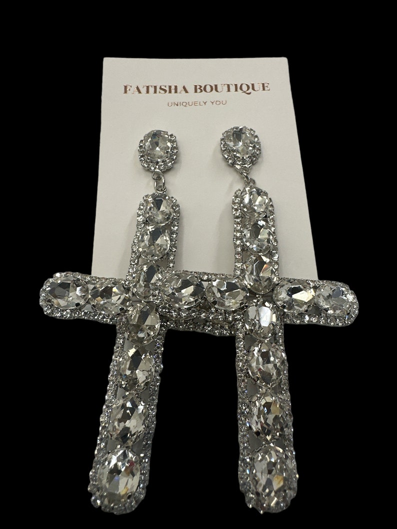 Gorgeous Rhinestone Diamante Cross Design Statement Earrings Silver