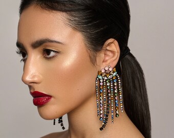 Long Multicolour Glamorous Statement Diamante Rhinestone Tassel Stud Earrings