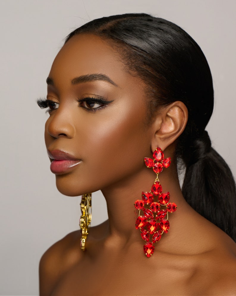 Long Elegant Glamorous Red Rhinestone Stud Earrings image 3