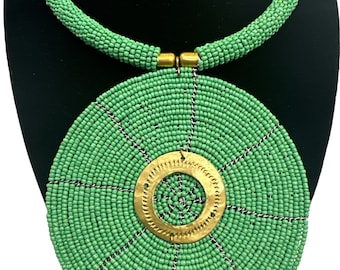 Authentic African Green Beaded Large Disc Pendant Necklace