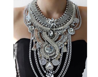 Statement Necklace Silver Hand Finished Necklace Ladies Party Women Jewellery