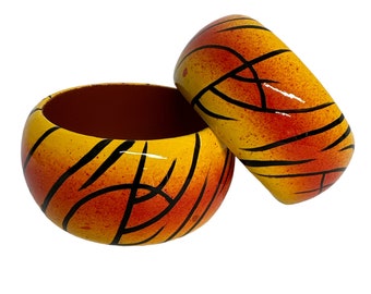 Wide Chunky Hand Painted Ethnic Wooden Bangle Bracelets