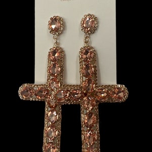 Gorgeous Rhinestone Diamante Cross Design Statement Earrings Pink