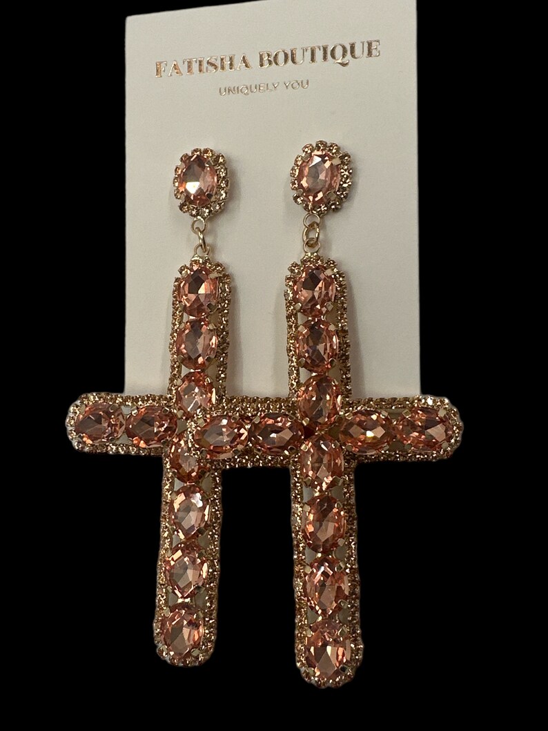 Gorgeous Rhinestone Diamante Cross Design Statement Earrings Pink