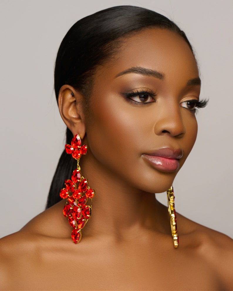 Long Elegant Glamorous Red Rhinestone Stud Earrings image 4