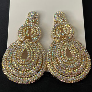 Elegant Glamorous Statement Diamante Rhinestone Dangle Earrings Gold