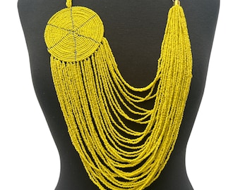 Authentic African Multilayer Yellow Beaded Large Disc Pendant Necklace