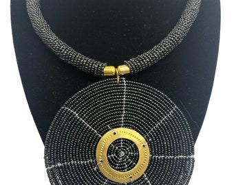Authentic African Black Beaded Large Disc Pendant Necklace