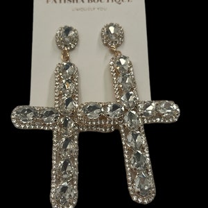 Gorgeous Rhinestone Diamante Cross Design Statement Earrings Gold