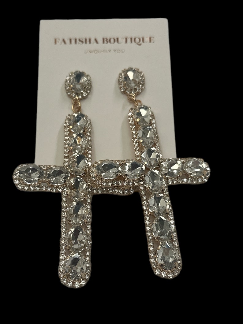 Gorgeous Rhinestone Diamante Cross Design Statement Earrings Gold