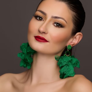 Big Bohemian Long-Fringed Flower Tassel Stud Dangle Earrings Green