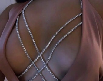 Crystal Rhinestone Double Layered Cross Bra Statement Body Chain Jewellery