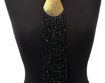 Long Authentic African Engraved Brass Black Beaded Fringe Pendant Necklace