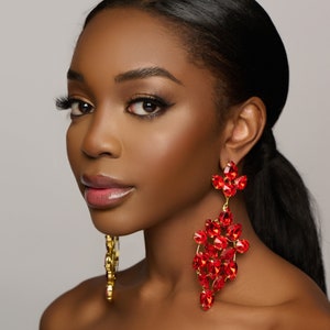Long Elegant Glamorous Red Rhinestone Stud Earrings image 1