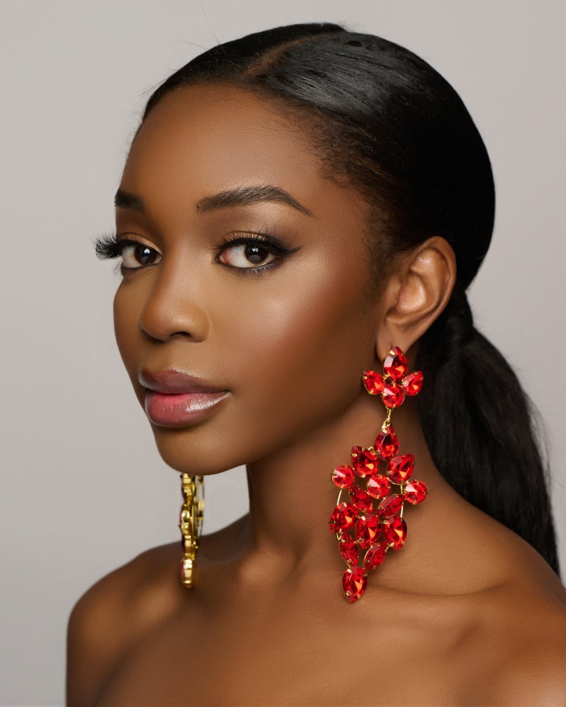 Long Elegant Glamorous Red Rhinestone Stud Earrings image 1