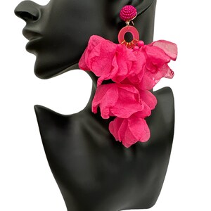 Big Bohemian Long-Fringed Flower Tassel Stud Dangle Earrings Pink