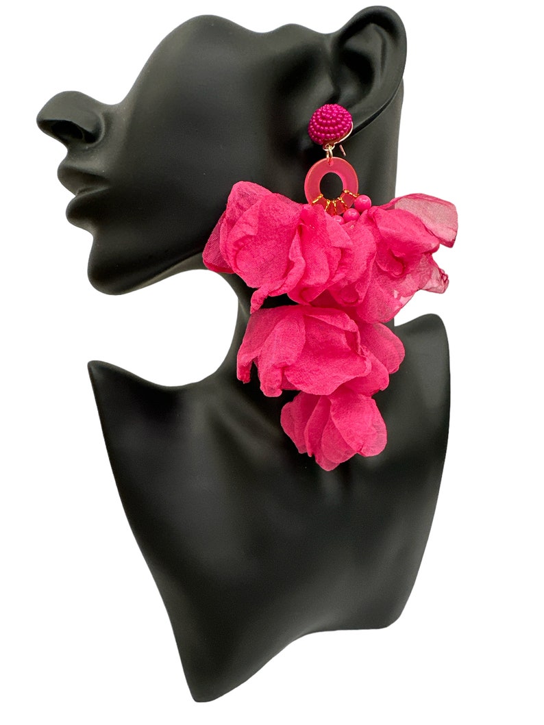 Big Bohemian Long-Fringed Flower Tassel Stud Dangle Earrings Pink