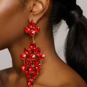 Long Elegant Glamorous Red Rhinestone Stud Earrings image 5