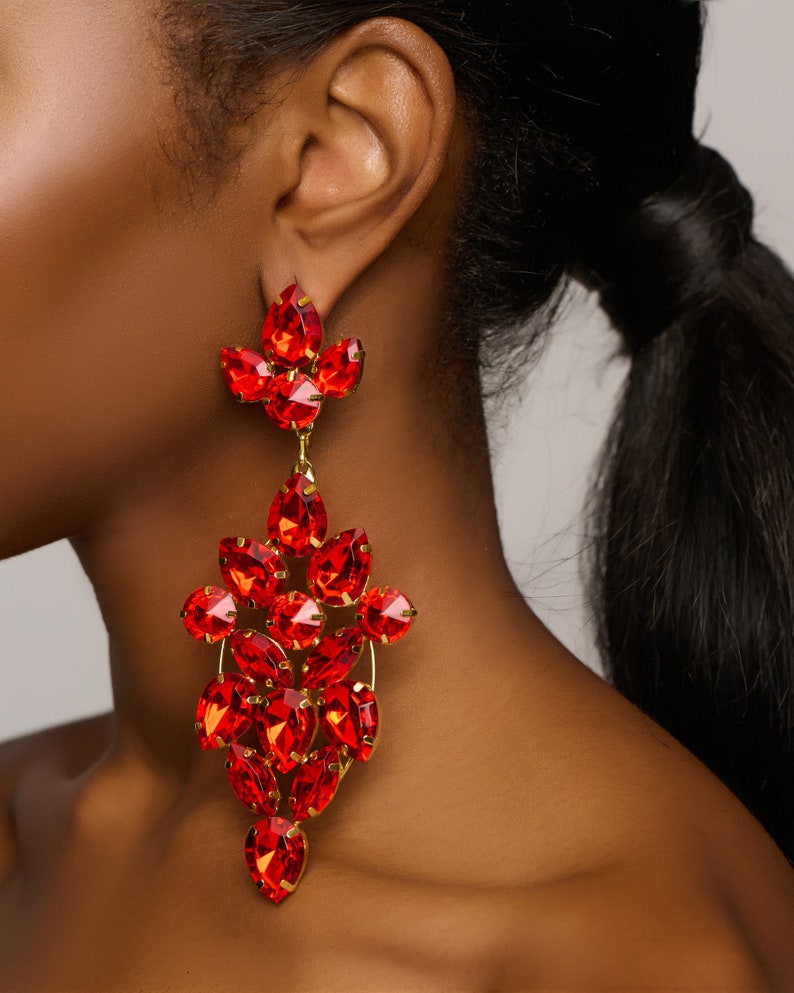 Long Elegant Glamorous Red Rhinestone Stud Earrings image 5
