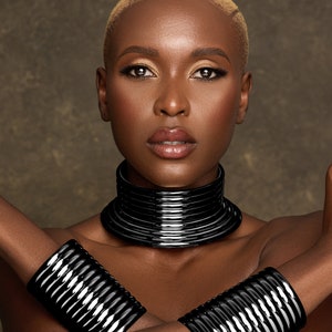 Ndebele Collar Choker Necklace and Two Cuffs Set Black