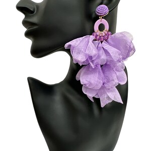 Big Bohemian Long-Fringed Flower Tassel Stud Dangle Earrings Purple