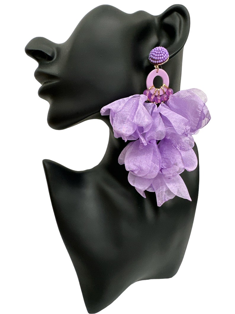Big Bohemian Long-Fringed Flower Tassel Stud Dangle Earrings Purple