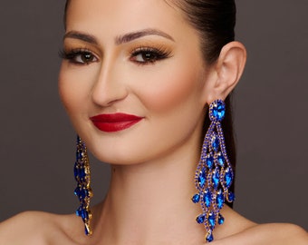 Long Blue Glamorous Diamante Rhinestone Teardrop Tassel  Earrings