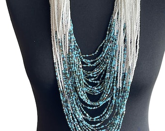 Authentic African White Blue Multilayered Beaded Long Necklaces