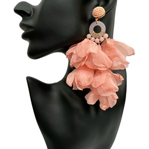 Big Bohemian Long-Fringed Flower Tassel Stud Dangle Earrings Peach