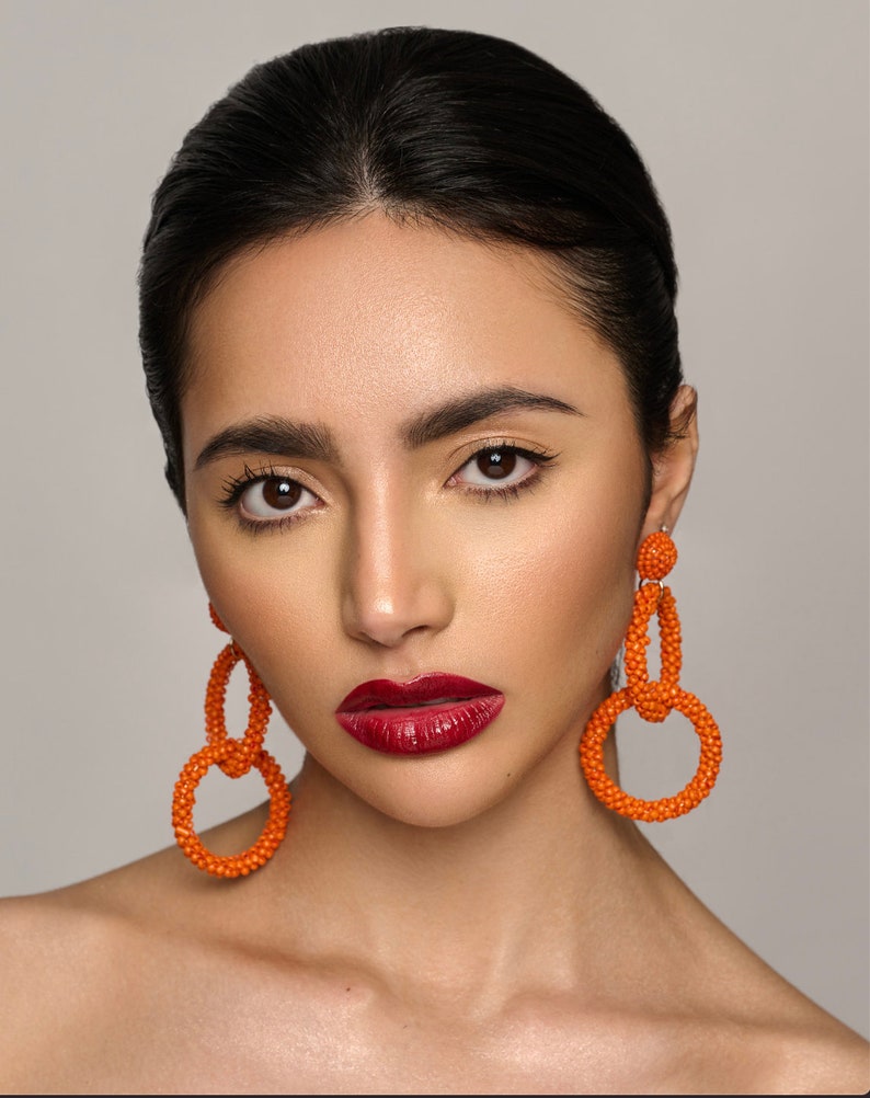 Bohemian Orange Beaded Dangle Earrings image 4