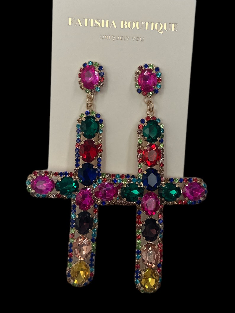 Gorgeous Rhinestone Diamante Cross Design Statement Earrings Multicolour