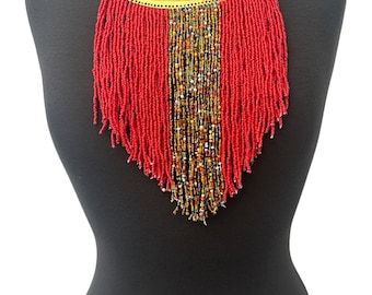 Authentic African Red Beaded Ethnic Tassels Fringe Brass Pendant Necklace