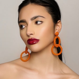 Bohemian Orange Beaded Dangle Earrings image 3