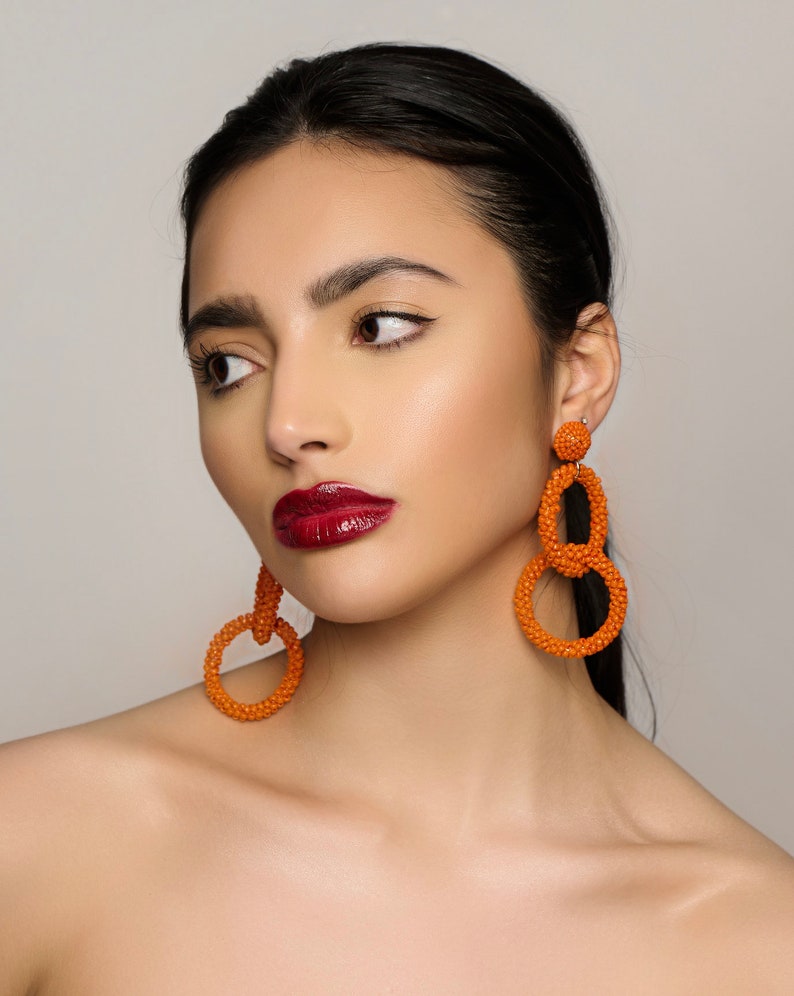 Bohemian Orange Beaded Dangle Earrings image 3