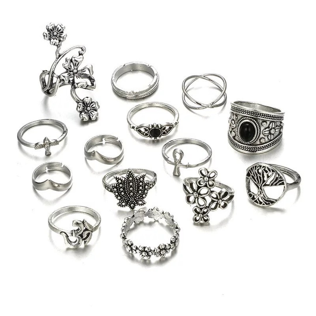 Bohemian 14 Pieces Silver Retro Statement Rings Set - Etsy