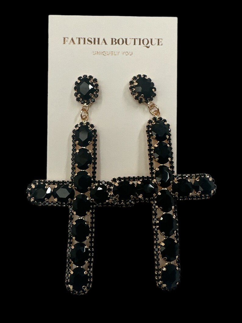 Gorgeous Rhinestone Diamante Cross Design Statement Earrings Black