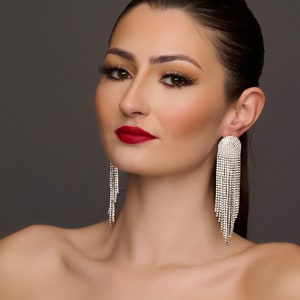 Glamorous Statement Crystal Diamante Rhinestone Long Tassel Earrings