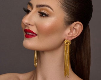 Elegant Long Gold Plated Stainless Steel Knot Tassels Statement Earrings