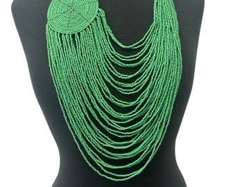 Authentic African Multilayer Green Beaded Large Disc Pendant Necklace