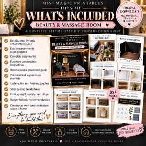 Può includere: Una guida alla costruzione fai-da-te per una stanza di bellezza e massaggi in scala 1:12 in download digitale. Il documento di 16 pagine include una lista di forniture, dimensioni di 25,4 cm di altezza, 30,5 cm di larghezza e 22,9 cm di profondità.