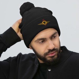 Red Rising, Gold and Red Sigil, Embroidered, House Mars, Darrow, Unisex, Pom Pom Beanie
