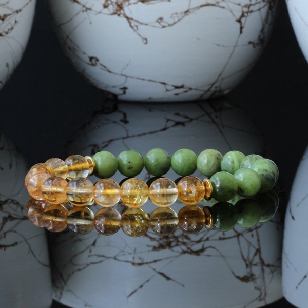 Natural Jade and Citrine Beaded Adjustable Bracelet Double Stone Protection Yoga Mala Women's Bracelet Men's Bracelet Crystal Bracelet (8MM)