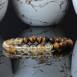Citrine Tiger Eye Beaded Bracelet: Adjustable Double Stone Protection