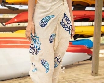 Linen Boho Beach Towel, Wood Printed Summer Throw, Turkish Peshtemal Bath Towel