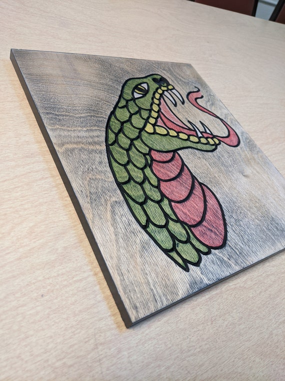 Traditional Tattoo Style Snake Head Wood Carving Traditional Tattoo Style Snake Head Wood Carving