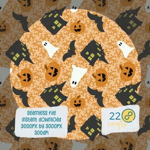 May include: A Halloween-themed digital seamless file featuring a repeating pattern of orange pumpkins, black bats, haunted houses, and white ghosts on a tan background. The file includes the text "seamless file instant download 3000PX by 3000PX 300dpi" and a logo.
