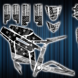 May include: A collection of die-cut vinyl decals with a distressed American flag design in grayscale. The set includes various shapes and sizes, with text indicating digital cut, high-resolution print, and high-tack glue. The design features stars and stripes.